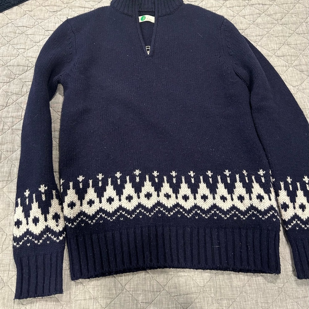 Boden Blue and White Fair Isle Zip Up Sweater